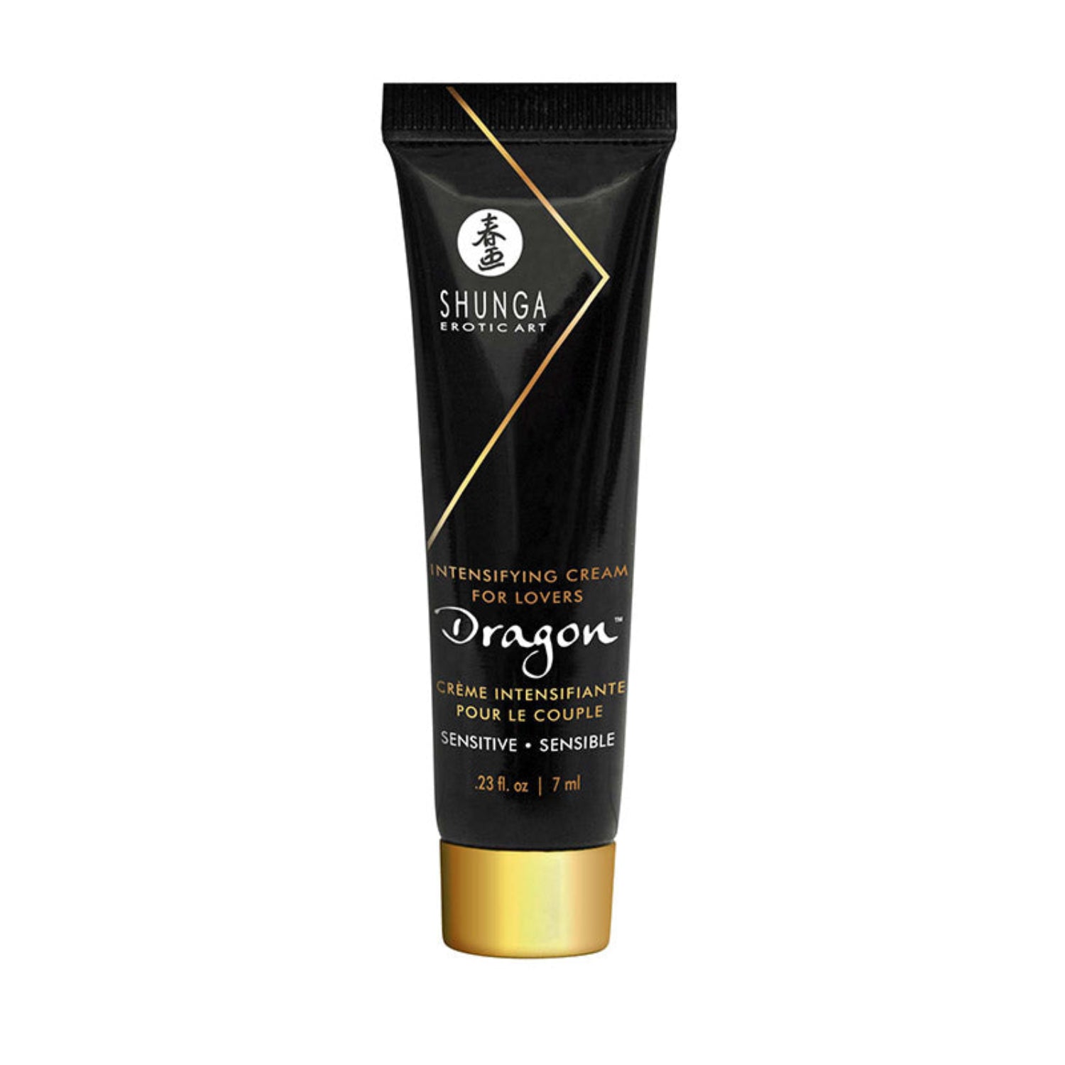 A travel-sized 7ml tube of SHUNGA DRAGON SENSITIVE intensifying cream for lovers, featuring a sleek black and gold design.