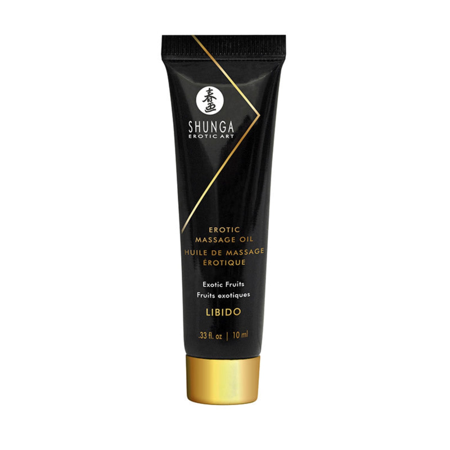 A 10ml tube of SHUNGA LIBIDO Erotic Massage Oil in Exotic Fruits scent, part of the Geisha's Secret collection.