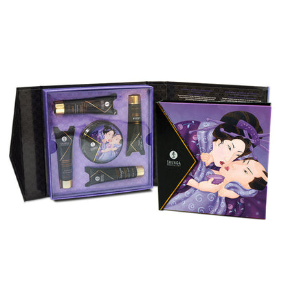A 10ml tube of SHUNGA LIBIDO Erotic Massage Oil in Exotic Fruits scent, part of the Geisha's Secret collection.
