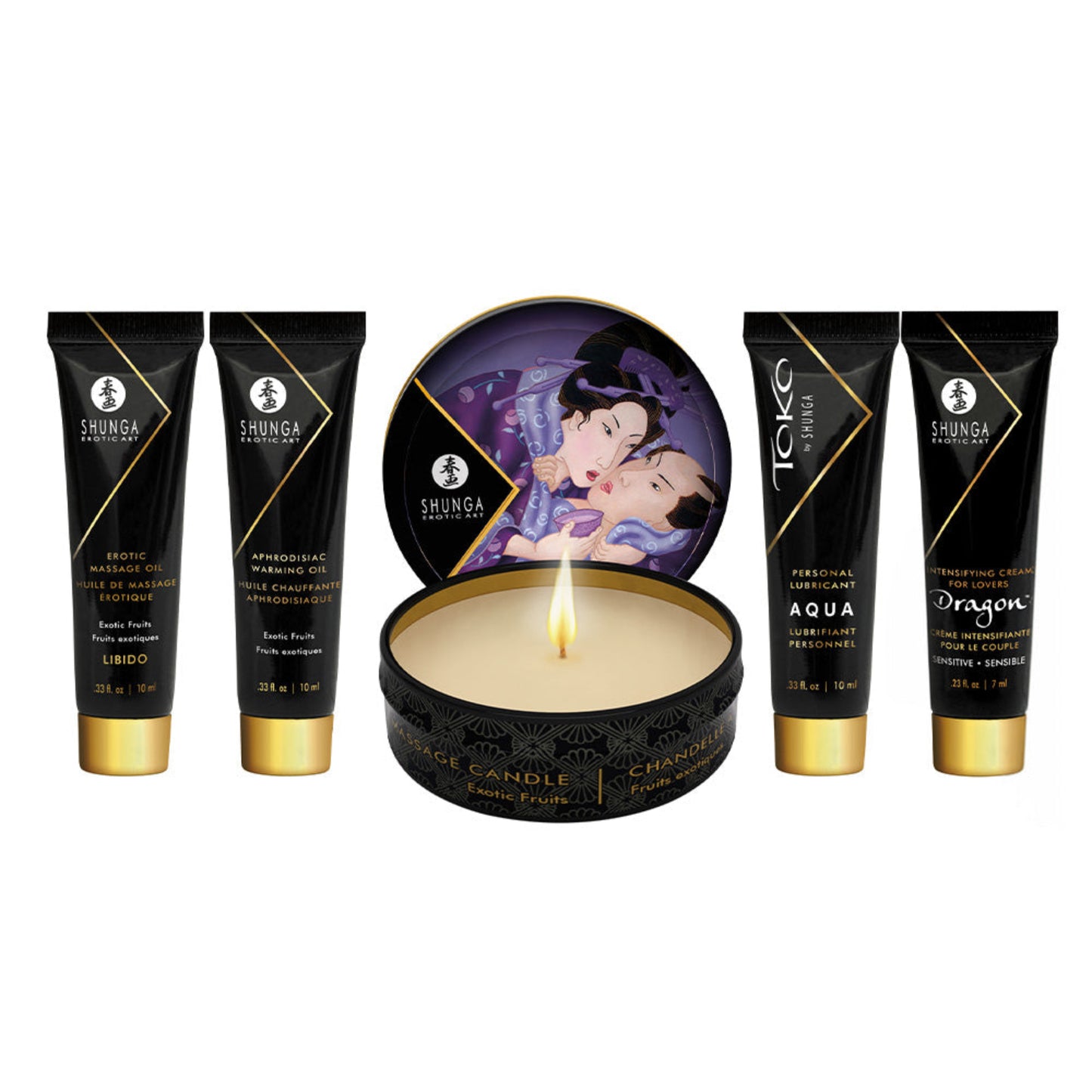A complete lineup of the SHUNGA Geisha's Secret components including the massage candle, oils, and intensifying cream against a clean white background.