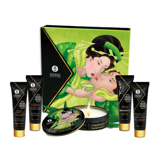 The complete SHUNGA Geisha's Secret Exotic Green Tea gift set with decorative Geisha box and all included accessories.
