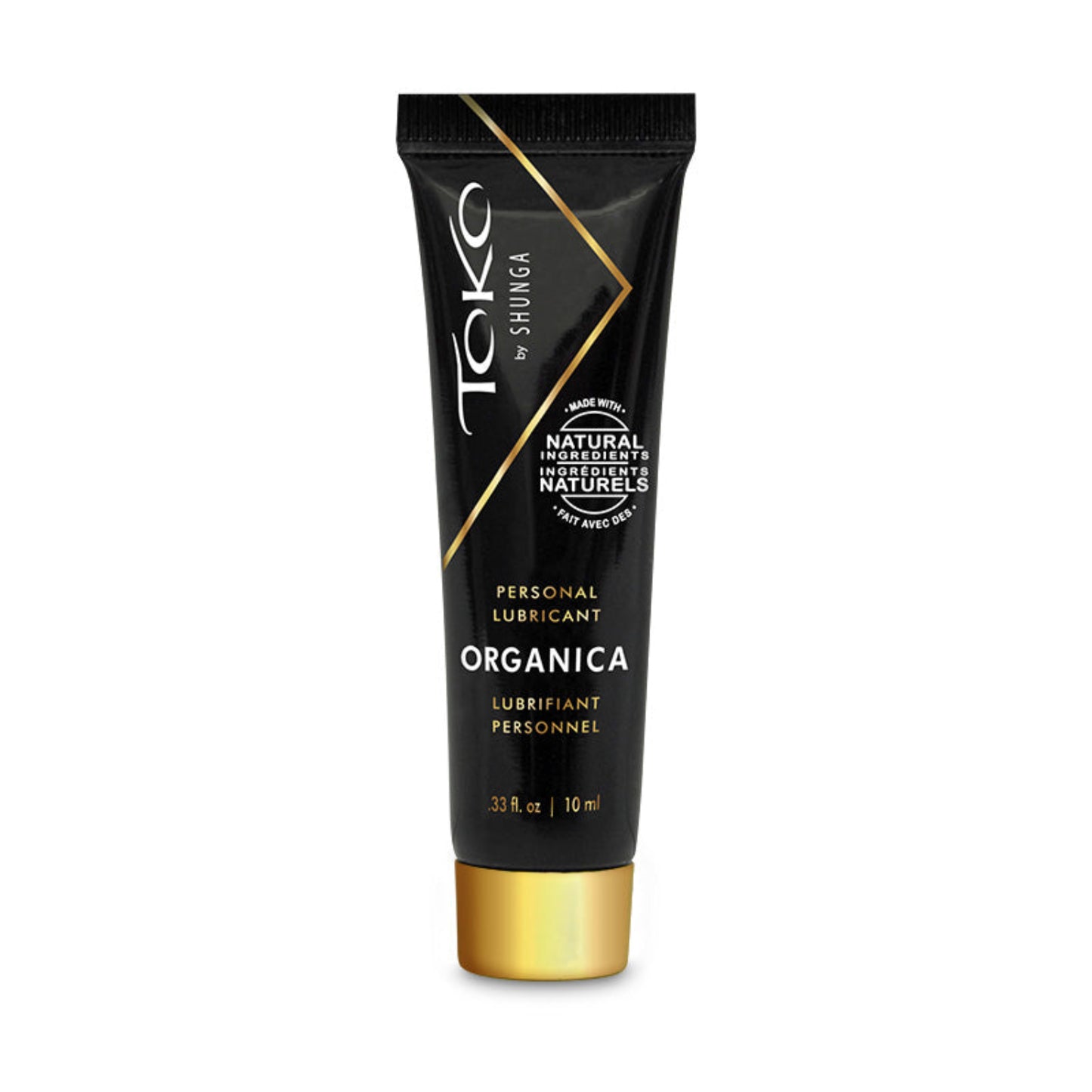 10 ml / 0.33 oz tube of SHUNGA TOKO ORGANICA Water-Based Personal Lubricant with a gold cap and premium black branding.