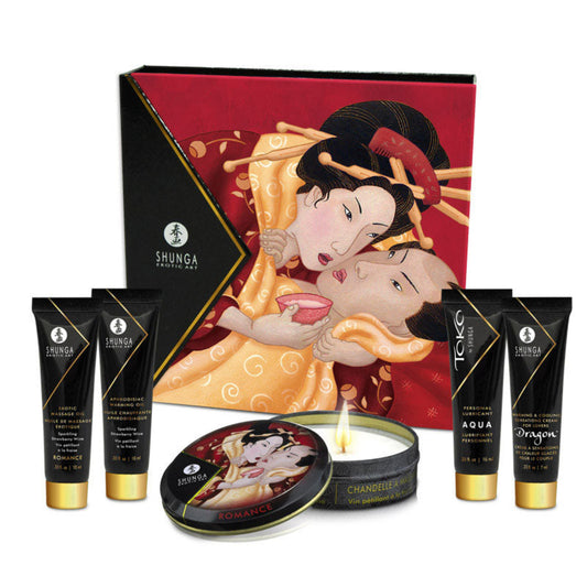 The full SHUNGA Geisha’s Secret packaging featuring traditional Japanese erotic artwork and the 5-piece sample set.