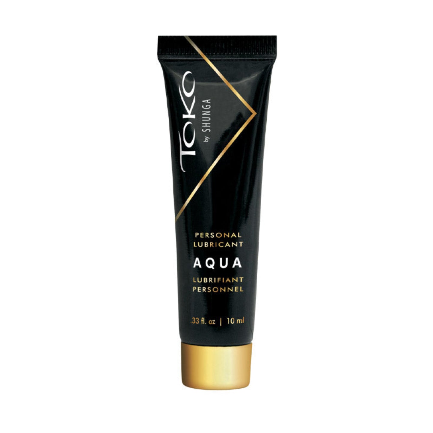 Travel-sized 10 ml / 0.33 oz SHUNGA TOKO AQUA water-based personal lubricant tube featuring a premium black and gold aesthetic.