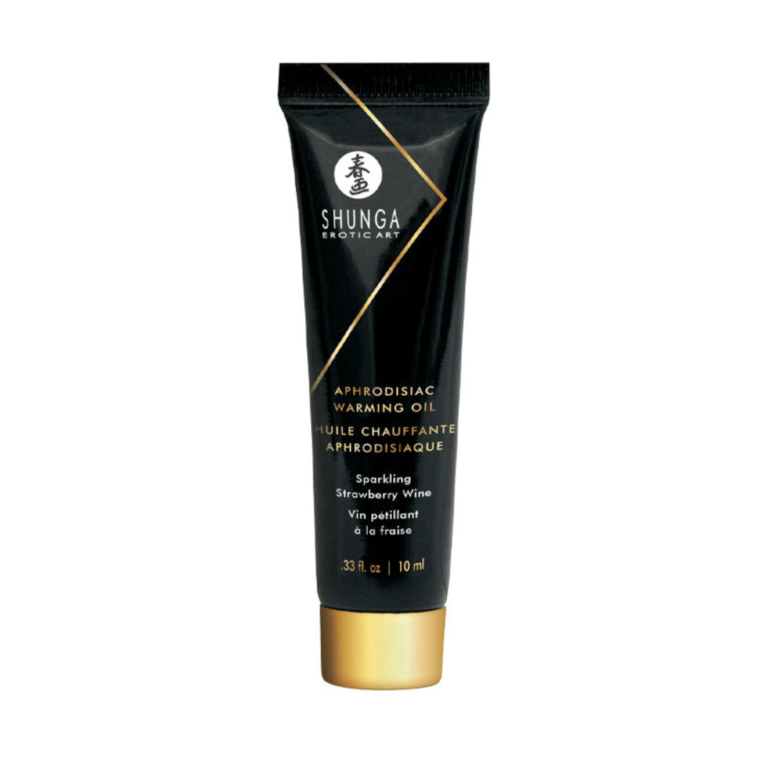 A 10 ml / 0.33 oz travel tube of SHUNGA Aphrodisiac Warming Oil in Sparkling Strawberry Wine scent with gold and black packaging.