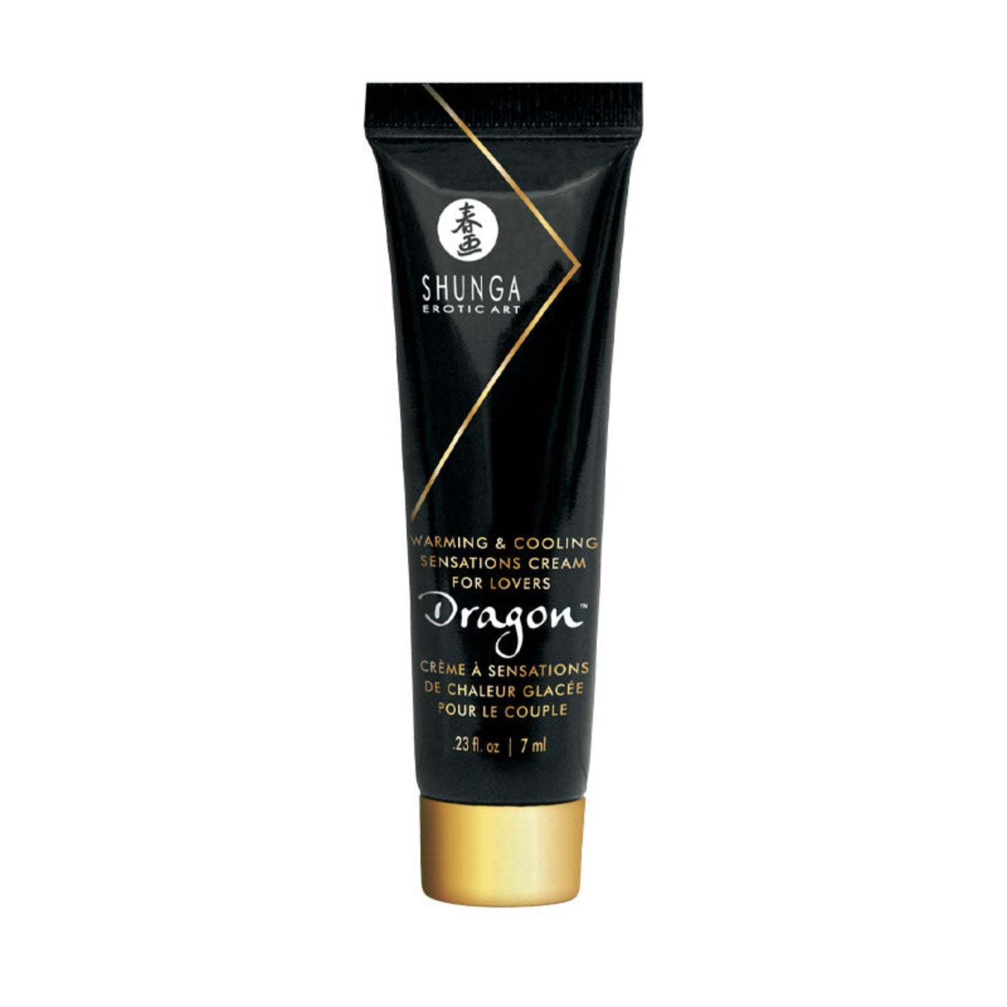A 7 ml / 0.23 oz tube of SHUNGA DRAGON Warming & Cooling Sensations Cream, highlighting the dual-sensory pleasure for couples.