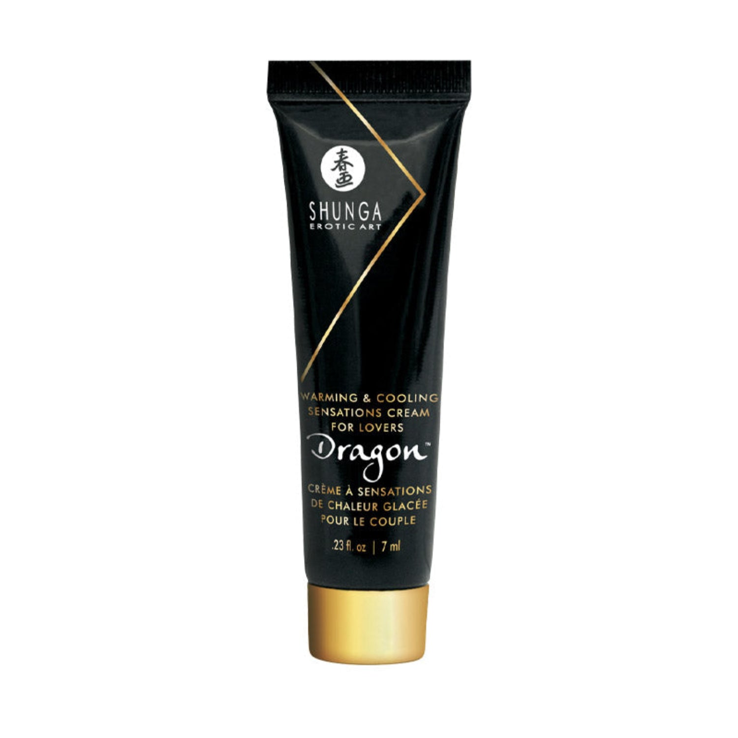 A 7 ml / 0.23 oz tube of SHUNGA DRAGON Warming & Cooling Sensations Cream, highlighting the dual-sensory pleasure for couples.