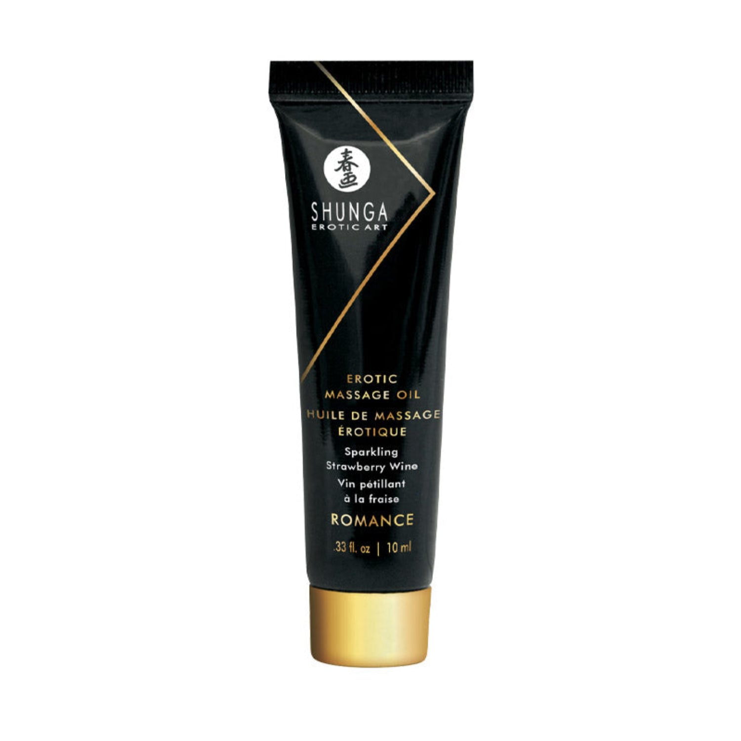 Erotic Massage Oil in a 10 ml / 0.33 oz tube, Sparkling Strawberry Wine flavour, part of the Geisha’s Secret collection.