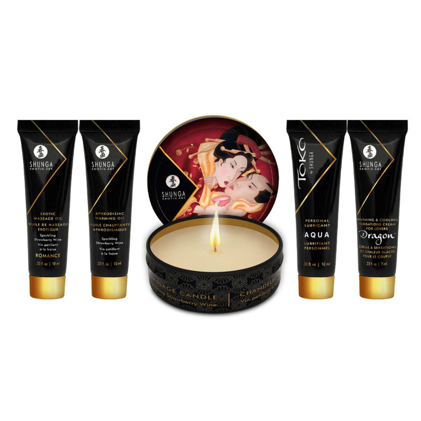 A complete product spread of the SHUNGA Geisha’s Secret Sparkling Strawberry Wine collection including oils, candle, and lubricant.