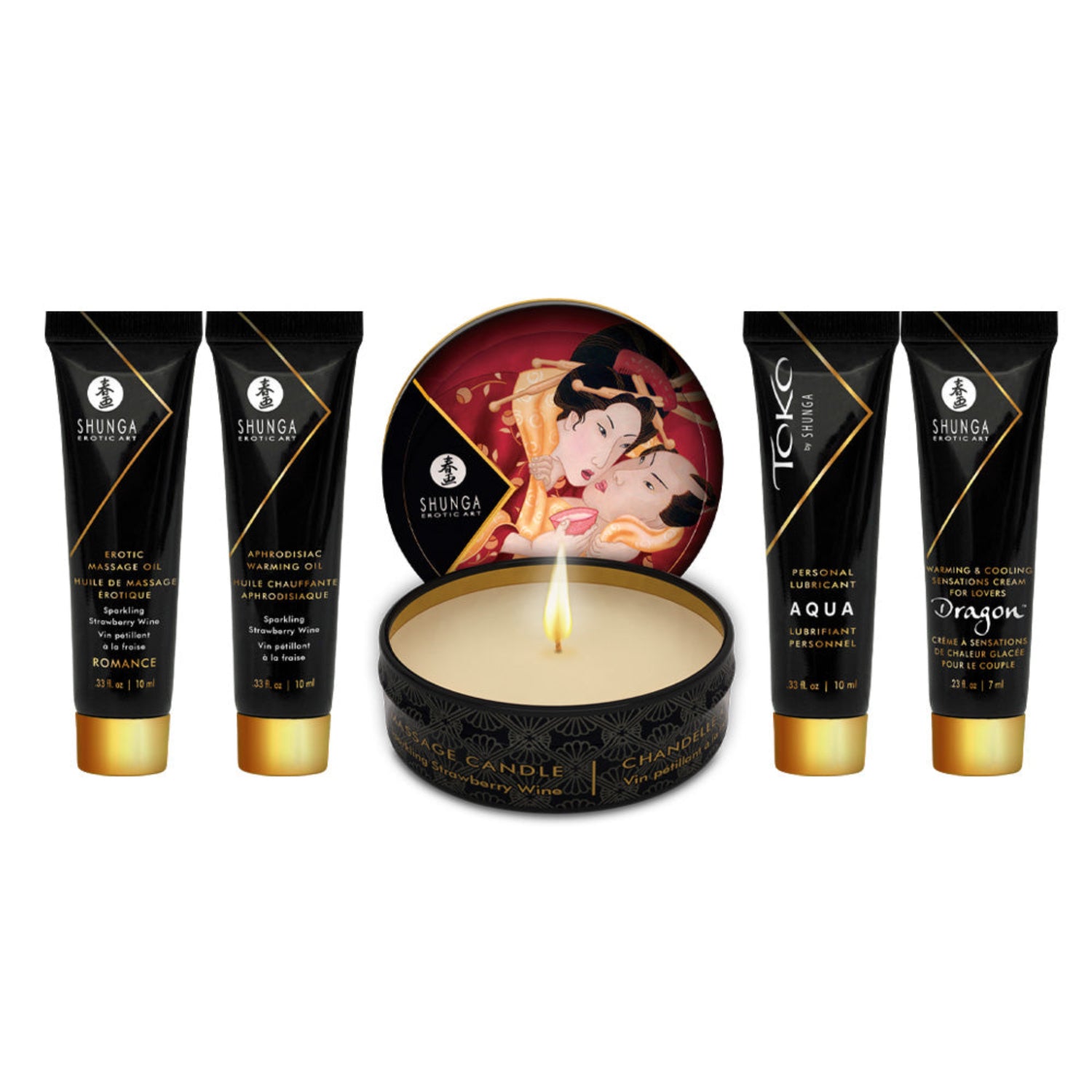 A complete product spread of the SHUNGA Geisha’s Secret Sparkling Strawberry Wine collection including oils, candle, and lubricant.