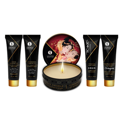 A complete product spread of the SHUNGA Geisha’s Secret Sparkling Strawberry Wine collection including oils, candle, and lubricant.