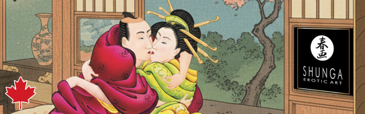 Wide web banner for Shunga Erotic Art collection featuring a romantic Japanese ukiyo-e illustration of a couple in a traditional Edo-period bedroom (washitsu) with tatami mats, sliding doors, and a maple leaf indicating Canadian Made brand.