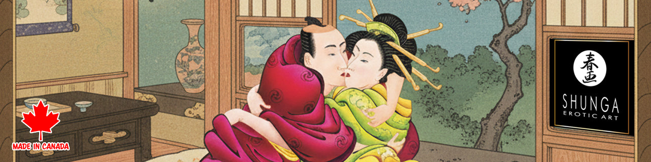 Wide web banner for Shunga Erotic Art collection featuring a romantic Japanese ukiyo-e illustration of a couple in a traditional Edo-period bedroom (washitsu) with tatami mats, sliding doors, and a "Made in Canada" maple leaf logo.