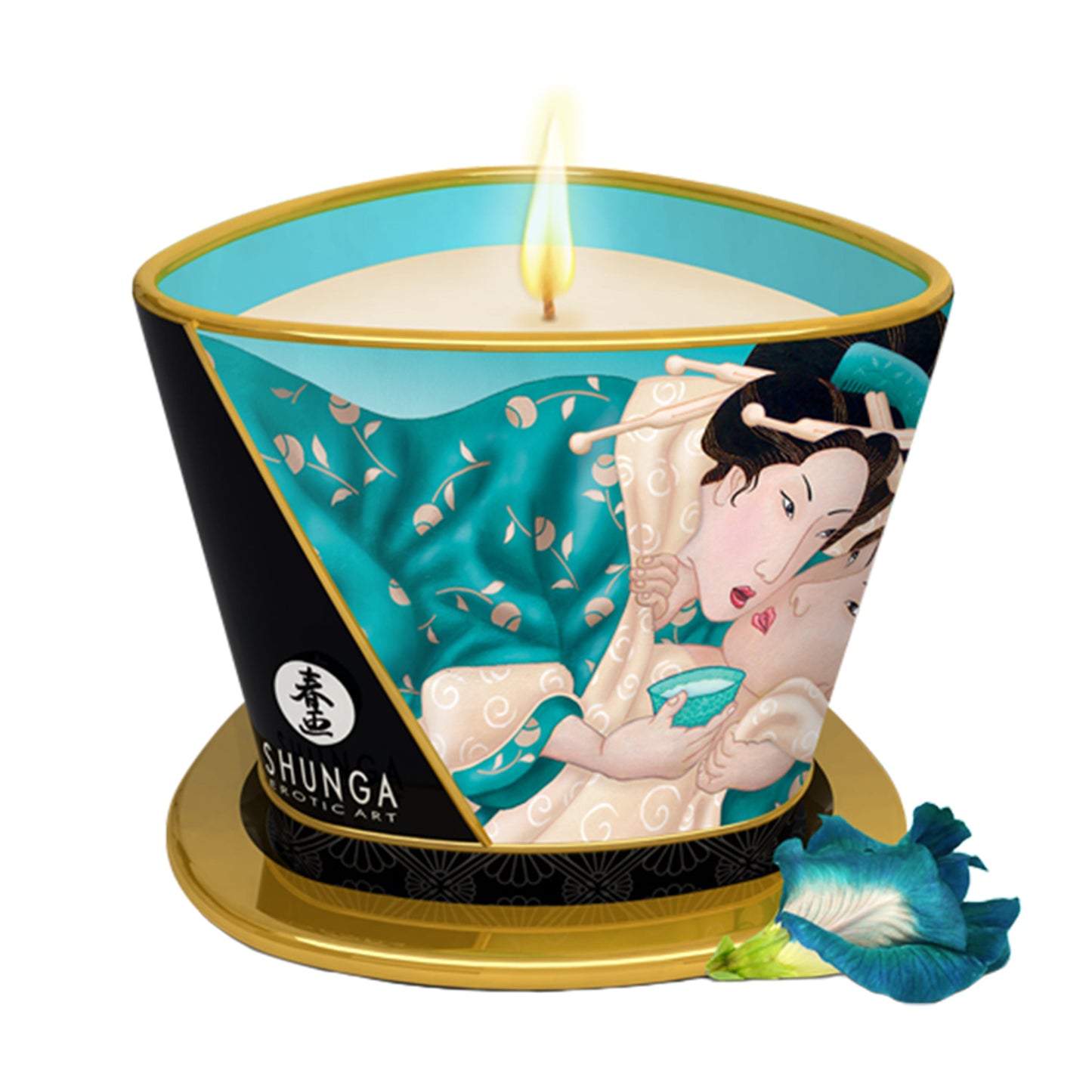 SHUNGA 170ml Island Blossom massage candle in a luxury pour-spout container with teal Japanese-inspired art and a blue butterfly pea flower.