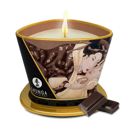 SHUNGA 170ml Intoxicating Chocolate massage candle in a premium gold-trimmed jar featuring rich chocolate-themed art and dark chocolate pieces.
