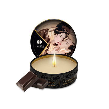 SHUNGA 30ml Intoxicating Chocolate travel massage candle in a black tin with brown erotic artwork and dark chocolate squares.