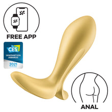 Load image into Gallery viewer, An image of the Satisfyer Intensity Plug Vibrator. Feature icons for: Free App; Anal. CES Innovation Awards 2021 Honoree.
