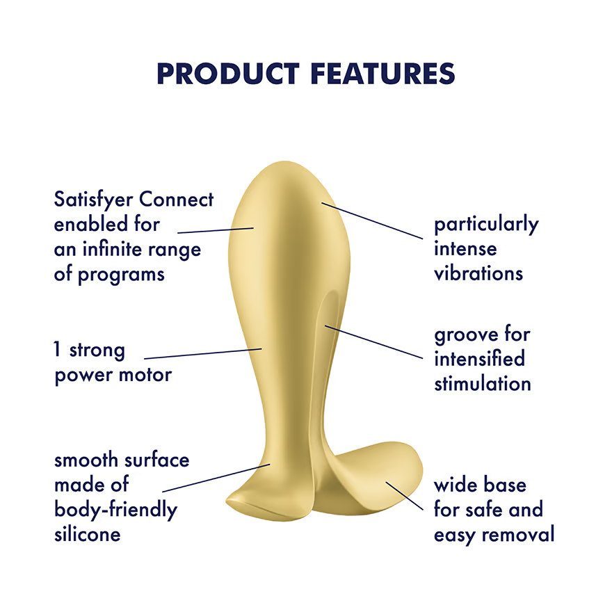 Satisfyer Intensity Plug Vibrator Product Features: Particularly intense vibrations (pointing to the tip); Groove for intensified stimulation (pointing to the groove at the back); wide base for safe and easy removal (pointing at the bottom support); smooth surface made of body-friendly silicone (pointing at the lower surface); 1 strong power motor (pointing at the middle general area); Satisfyer Connect enabled for an infinite range of programs (pointing at an upper general area).