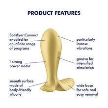 Load image into Gallery viewer, Satisfyer Intensity Plug Vibrator Product Features: Particularly intense vibrations (pointing to the tip); Groove for intensified stimulation (pointing to the groove at the back); wide base for safe and easy removal (pointing at the bottom support); smooth surface made of body-friendly silicone (pointing at the lower surface); 1 strong power motor (pointing at the middle general area); Satisfyer Connect enabled for an infinite range of programs (pointing at an upper general area).