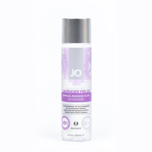 JO All-In-One Lavender Fields Sensual Massage Glide Silicone-Based 4 fl. oz (120 mL) bottle. On the bottle 3 product feature icons for: 3 in 1 Massage glide - tatoo brightner - Skin conditioner; massage; 1 drop of JO = 10 drops of Massage Oils.