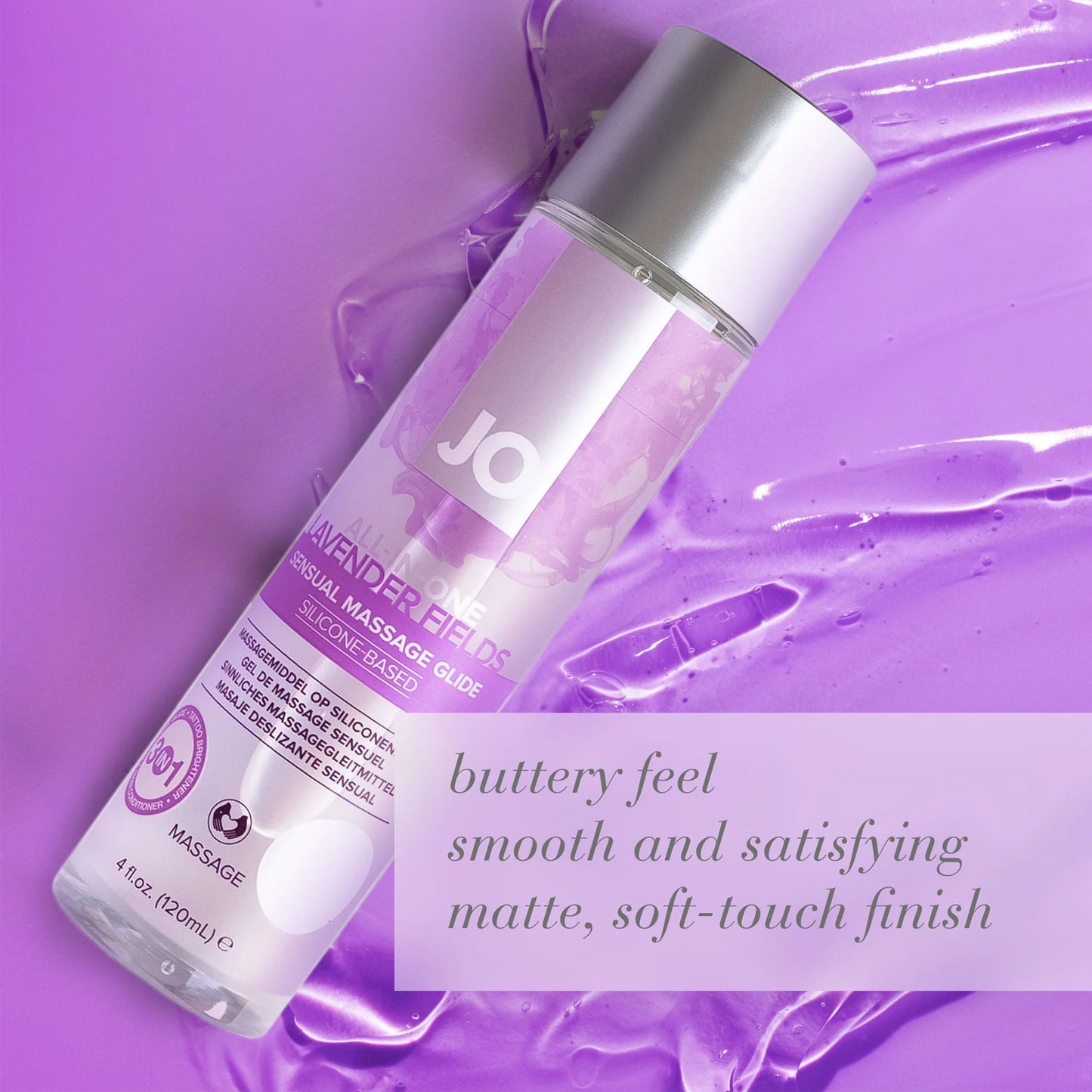 JO All In One Sensual Massage Glide features: buttery feel; smooth and satisfying; matte, soft-touch finish.