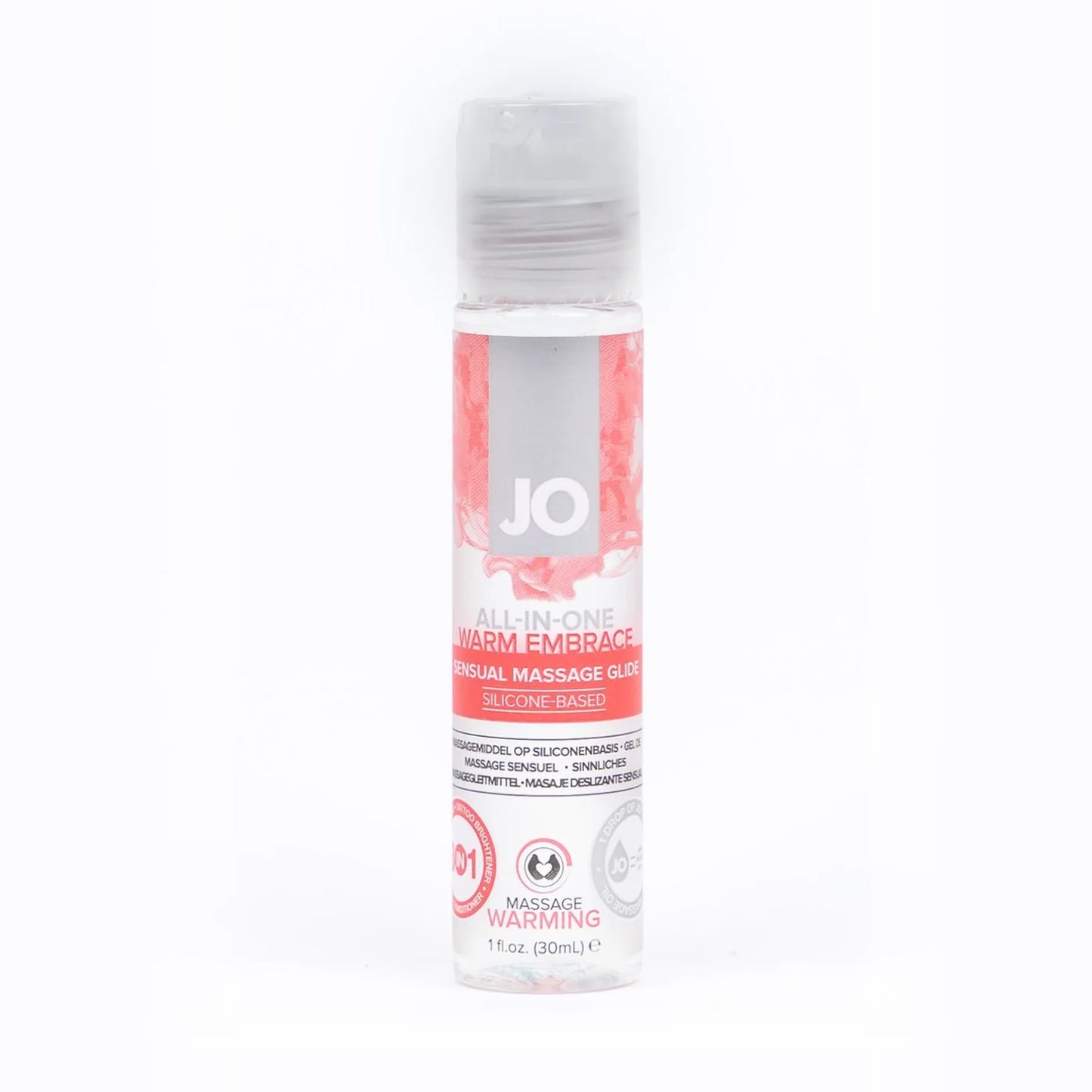 JO All-In-One Warm Embrace Sensual Massage Glide Silicone-Based 1 fl. oz (30ml) bottle. On the bottle 3 product feature icons for: 3 in 1 Massage glide - tatoo brightner - Skin conditioner; Massage Warming; 1 drop of JO = 10 drops of Massage Oils.