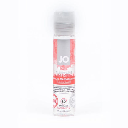 JO All-In-One Warm Embrace Sensual Massage Glide Silicone-Based 1 fl. oz (30ml) bottle. On the bottle 3 product feature icons for: 3 in 1 Massage glide - tatoo brightner - Skin conditioner; Massage Warming; 1 drop of JO = 10 drops of Massage Oils.