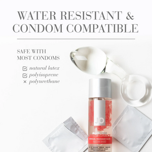 Water Resistant & Condom Compatible. Safe with most condoms: Natural latex (checked); Polyisoprene (checked); Polyurethane (unchecked). On the bottom right of the image is a bottle of JO All In One Sensual Massage Glide Warm Embrace laying on its back between 2 packets of unbranded condoms, with the left packet ripped open, and a clear anal toy laying above the bottle.
