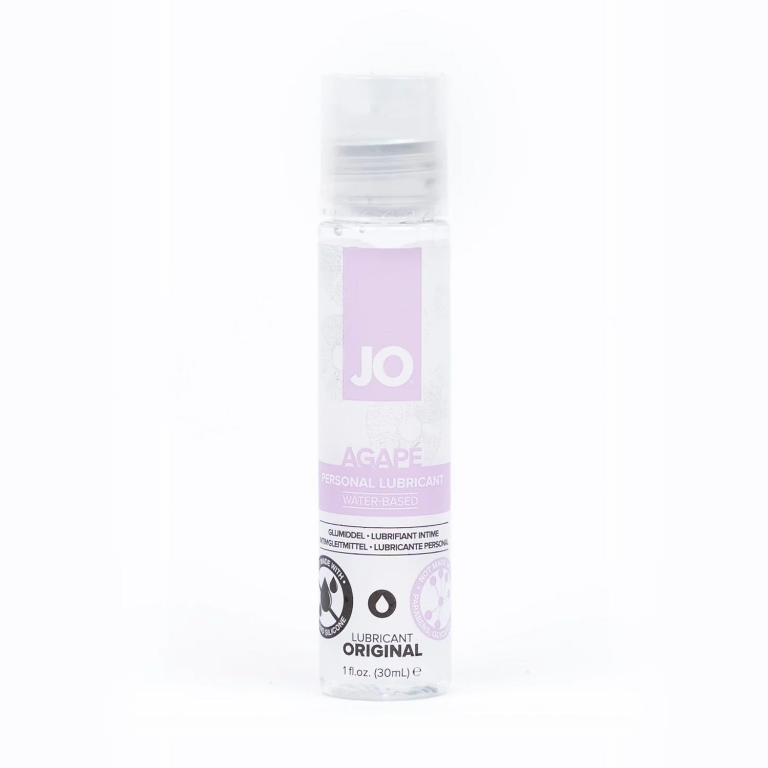 JO Agape Persinal Lubricant Water-Based 1 fl oz (30ml) bottle. On the bottle product feature icons for: Not made with - Oil and Silicone; Lubricant Original; Not Made with - Parabens, Glycerin, Glycol.