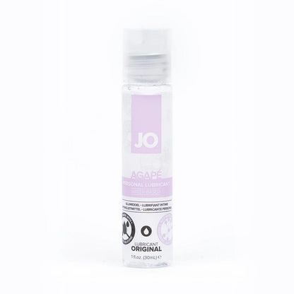 JO Agape Persinal Lubricant Water-Based 1 fl oz (30ml) bottle. On the bottle product feature icons for: Not made with - Oil and Silicone; Lubricant Original; Not Made with - Parabens, Glycerin, Glycol.