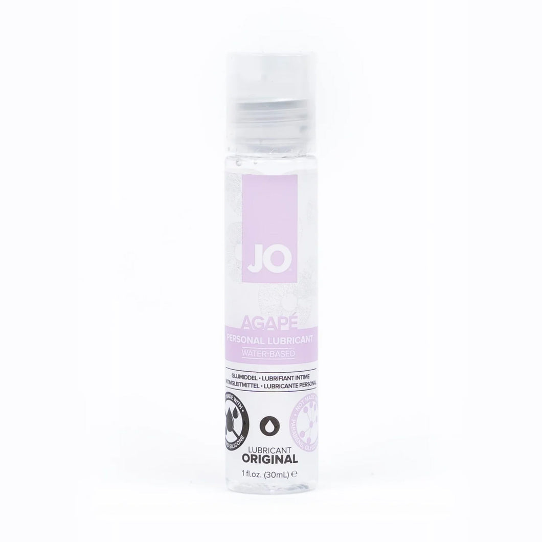 JO Agape Persinal Lubricant Water-Based 1 fl oz (30ml) bottle. On the bottle product feature icons for: Not made with - Oil and Silicone; Lubricant Original; Not Made with - Parabens, Glycerin, Glycol.