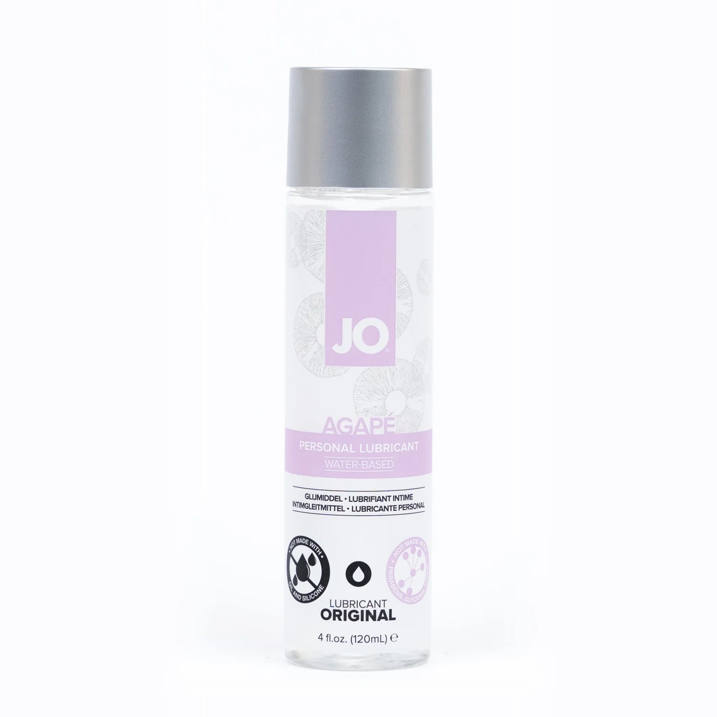 JO Agape Persinal Lubricant Water-Based 4 fl oz (120ml) bottle. On the bottle product feature icons for: Not made with - Oil and Silicone; Lubricant Original; Not Made with - Parabens, Glycerin, Glycol.