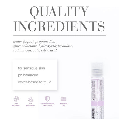 Quality Ingredients: water (aqua), propanediol, gluconolactone, hydroxyethylcellulose, sodium benzoate, citric acid. Product features: for sensitive skin; ph balanced; water-based formula; FDA licensed; ISO certified; Trusted brand since 2003; Made in USA. In the bottom right of the image is the back of the JO Agapé Personal Lubricant.