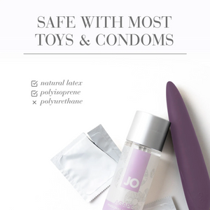SAFE WITH MOST TOYS & CONDOMS: natural latex (checked); polyisoprene (checked); polyurethane (unchecked). On the bottom right corner of the image is the JO Agapé Personal Lubricant bottle laying on its back with an unbranded condom packet thats ripped open on the left side of the bottle, and on the right side laying beside is a prurple sex toy.