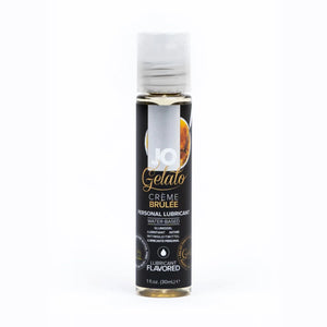 JO Gelato Creme Brulee Personal Lubricant Water-Based 1 fl oz (30ml) bottle. On the bottle there  is an icon for Flavoured lubricant.