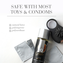 Load image into Gallery viewer, Safe with most toys &amp; condoms: natural latex (checked); Polyisoprene (checked); Polyurethane (checked). In the lower part of the image is a JO Gelato Creme Brulee Personal Water Based Lubricant laying on its back in between two packets of unbranded condoms, the condom packet on the left is torn half way, and there is a sex toy above the bottle.
