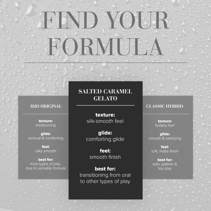 Find Your formula. In the center table Salted Caramel Gelato texture: silk-smooth feel; glide: comforting glide; feel: smoth finish; best for: transitioning from oral to other types of play. Compared to H2O Original (Left table) Texture: moisturizing; glide: Sensual & comforting; feel: sliky smooth; best for: Most types of play due to versatile formula. Compared to Classic Hybrid (Right table) texture: Buttery feel; glide: Smooth & satisfying; feel: Soft, matte finish; Best for: Solo. partner & toy play.