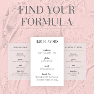 Find Your Formula. H2O Flavors texture: silky-smooth feel; glide: comforting; feel: smooth finish; Best for: Transitioning from oral to other types of play, compared to H2O Original (left table): Texture: Moisturizing; Glide: Sensual & comforting; Best for: Most types of play due to versatile formula, and Classic Hybrid (right table): Texture: Buttery feel; Glide: Smooth & satisfying; Feel: Soft, matte finish; Best for: Solo, partner & toy play.