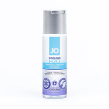 Charger l&#39;image dans la galerie, JO Cooling H2O Personal Lubricant Water-Based 2 fl. oz (60ml) bottle. On the bottle are feature icons for: Cooling formula; Lubricant cooling; Clans up easily with water - Rinse &amp; wipe.