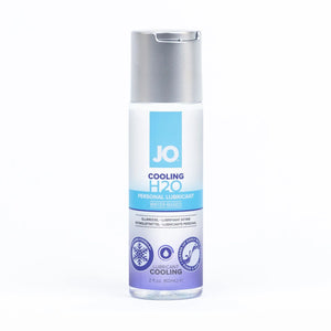 JO Cooling H2O Personal Lubricant Water-Based 2 fl. oz (60ml) bottle. On the bottle are feature icons for: Cooling formula; Lubricant cooling; Clans up easily with water - Rinse & wipe.