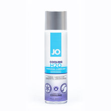Charger l&#39;image dans la galerie, JO Cooling H2O Personal Lubricant Water-Based 4 fl. oz (120ml) bottle. On the bottle are feature icons for: Cooling formula; Lubricant cooling; Clans up easily with water - Rinse &amp; wipe.