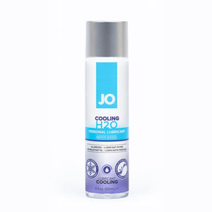 JO Cooling H2O Personal Lubricant Water-Based 4 fl. oz (120ml) bottle. On the bottle are feature icons for: Cooling formula; Lubricant cooling; Clans up easily with water - Rinse & wipe.