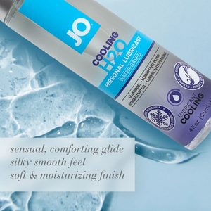 JO H2O Cooling Personal Lubricant features: Sensual, comforting glide; silky smooth feel; soft & moisturizing finish.