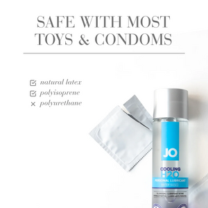 Safe with most toys & condoms: natural latex (checked); Polyisoprene (checked); Polyurethane (unchecked). On the lower right side of the image is a bottle of jJO H2O Cooling Personal Lubricant, laying on its back beside a ripped open umbranded condom packet