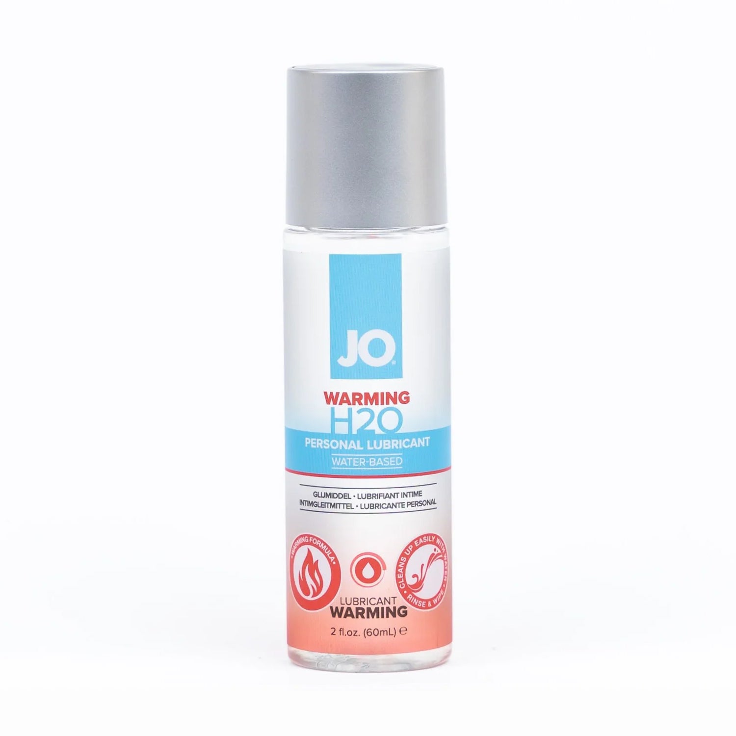 JO Warming H2O Personal Lubricant Water-Based 2 fl oz (60 ml) bottle. On the bottle are product feature icons for: Warming Formula; Lubricant Warming; Cleans Up easily with water - Rinse & Wipe.