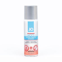 Load image into Gallery viewer, JO Warming H2O Personal Lubricant Water-Based 2 fl oz (60 ml) bottle. On the bottle are product feature icons for: Warming Formula; Lubricant Warming; Cleans Up easily with water - Rinse &amp; Wipe.