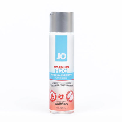 JO Warming H2O Personal Lubricant Water-Based 4 fl oz (120 ml) bottle. On the bottle are product feature icons for: Warming Formula; Lubricant Warming; Cleans Up easily with water - Rinse & Wipe.