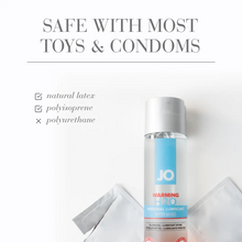 Load image into Gallery viewer, Safe with most toys &amp; condoms: Natural latex (checked); Polyisoprene (checked); Polyurethane (unchecked). In the lower right corner of the image is the JO H2O Warming Personal Lubricant bottle laying in between 2 unbranded condom packets, with the condom packet on the left showing it&#39;s ripped open.