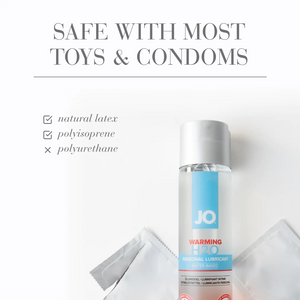 Safe with most toys & condoms: Natural latex (checked); Polyisoprene (checked); Polyurethane (unchecked). In the lower right corner of the image is the JO H2O Warming Personal Lubricant bottle laying in between 2 unbranded condom packets, with the condom packet on the left showing it's ripped open.