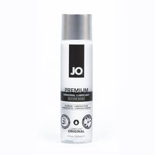 Load image into Gallery viewer, JO Premium Personal Lubricant Silicone-Based 4 fl oz (120ml) bottle. On the bottle are product feature icons for: A silky smooth feeling - Never sticky or tacky; Lubricant original; Made without - Parabens, Glycerin, Glycol.